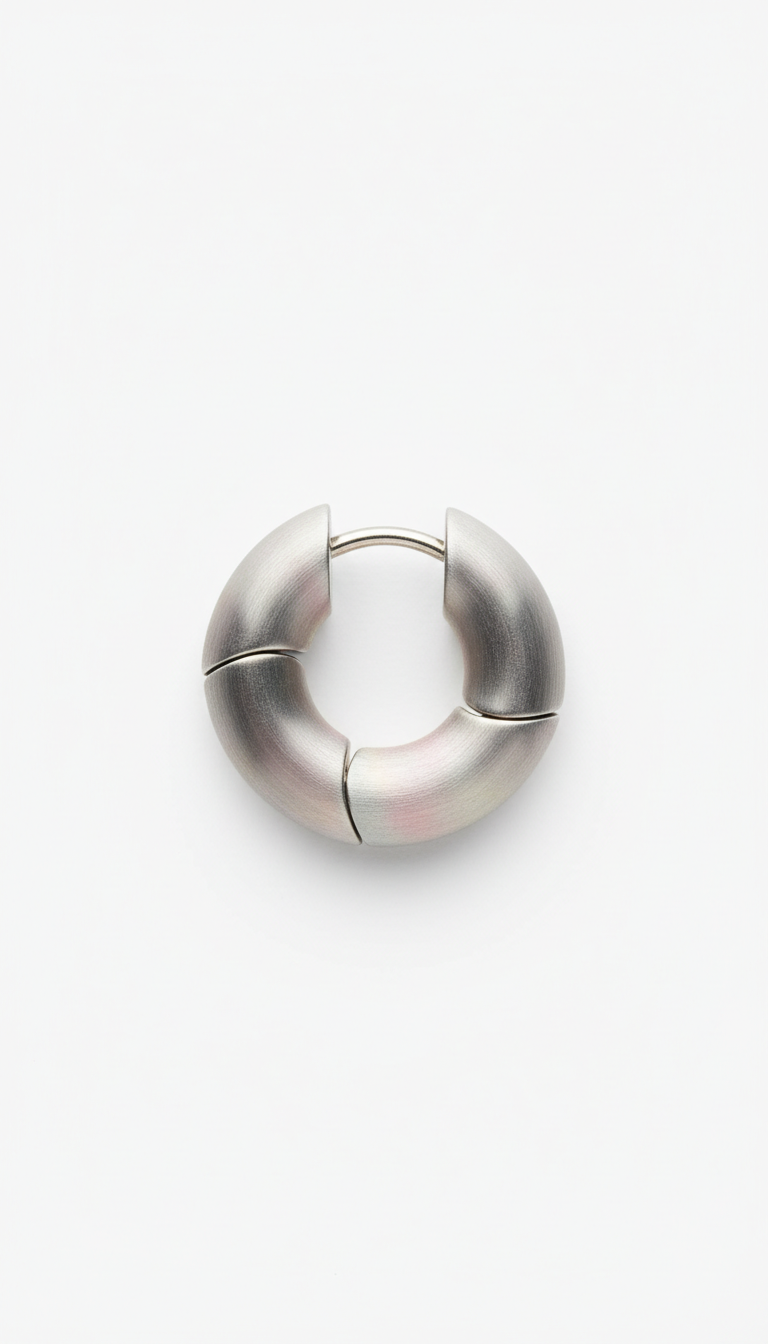 Brushed steel modular hoop earrings, Default: 3/4 angle with product elevated on matte geometric prop (block or arch) in...