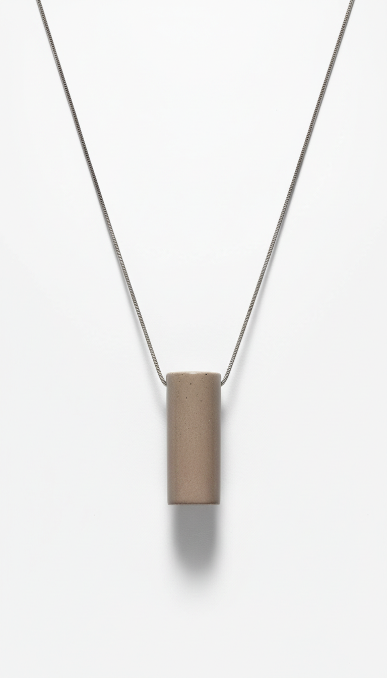 Urban taupe minimalist pendant necklace, Default: 3/4 angle shots on stone beige or muted steel textured surfaces for...