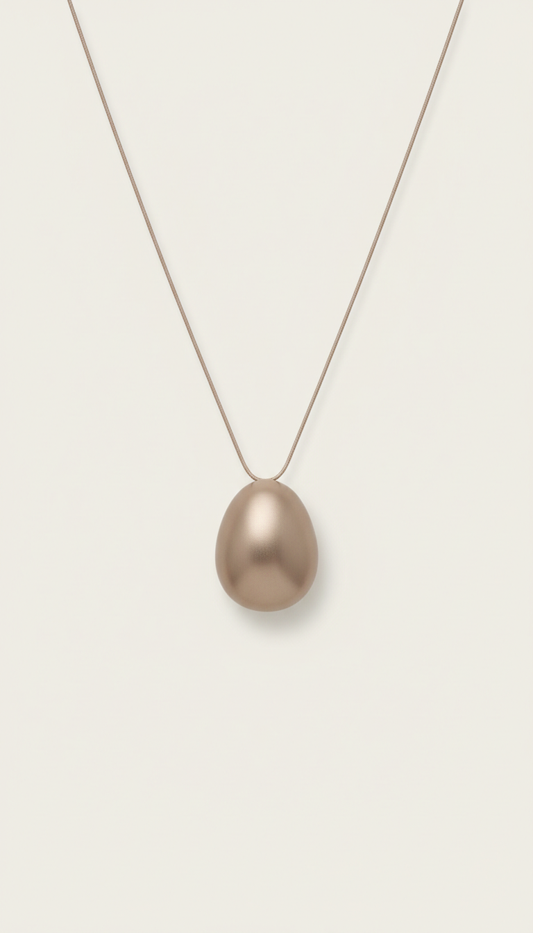 Minimalist Soft Taupe pendant necklace, Hero jewelry pieces captured at 3/4 angle on matte plinths or trays, allowing...