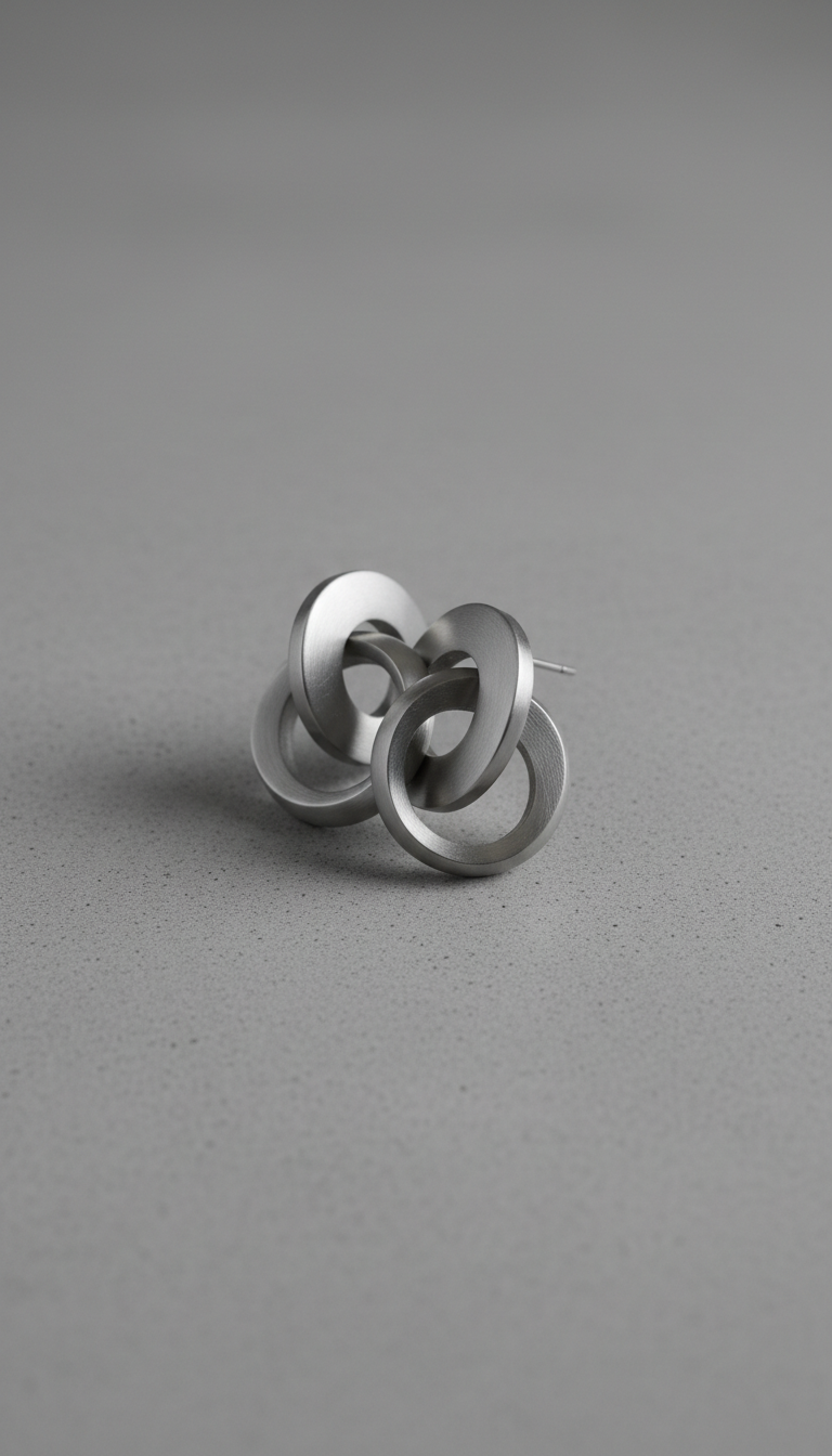 Capture contemporary stainless steel earrings in a 3/4 angle against a backdrop like matte concrete. The earrings are...