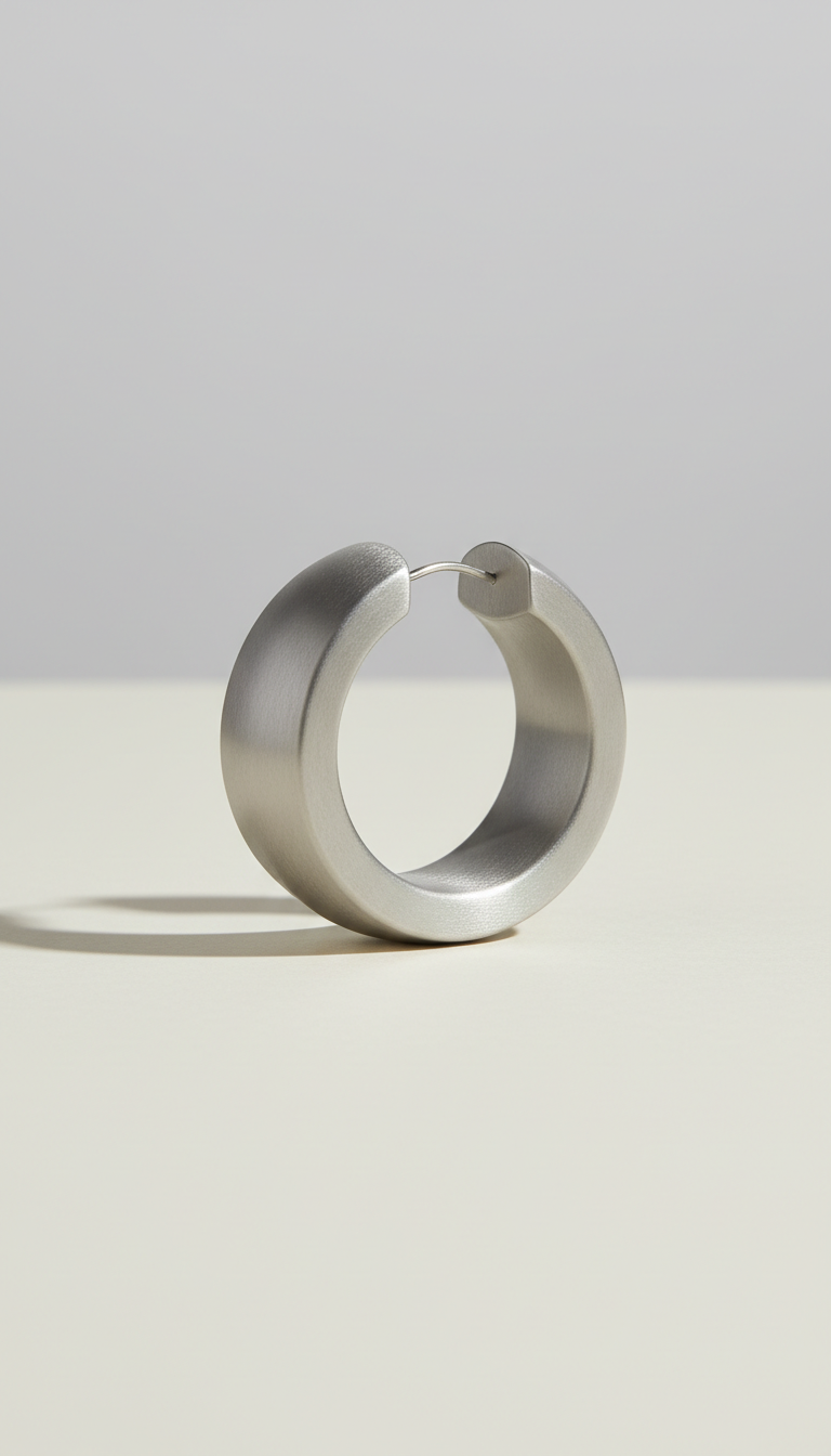 Oversized architectural hoop earrings, Jewelry displayed on Soft Ivory or Light Grey matte surfaces, perfectly centered...